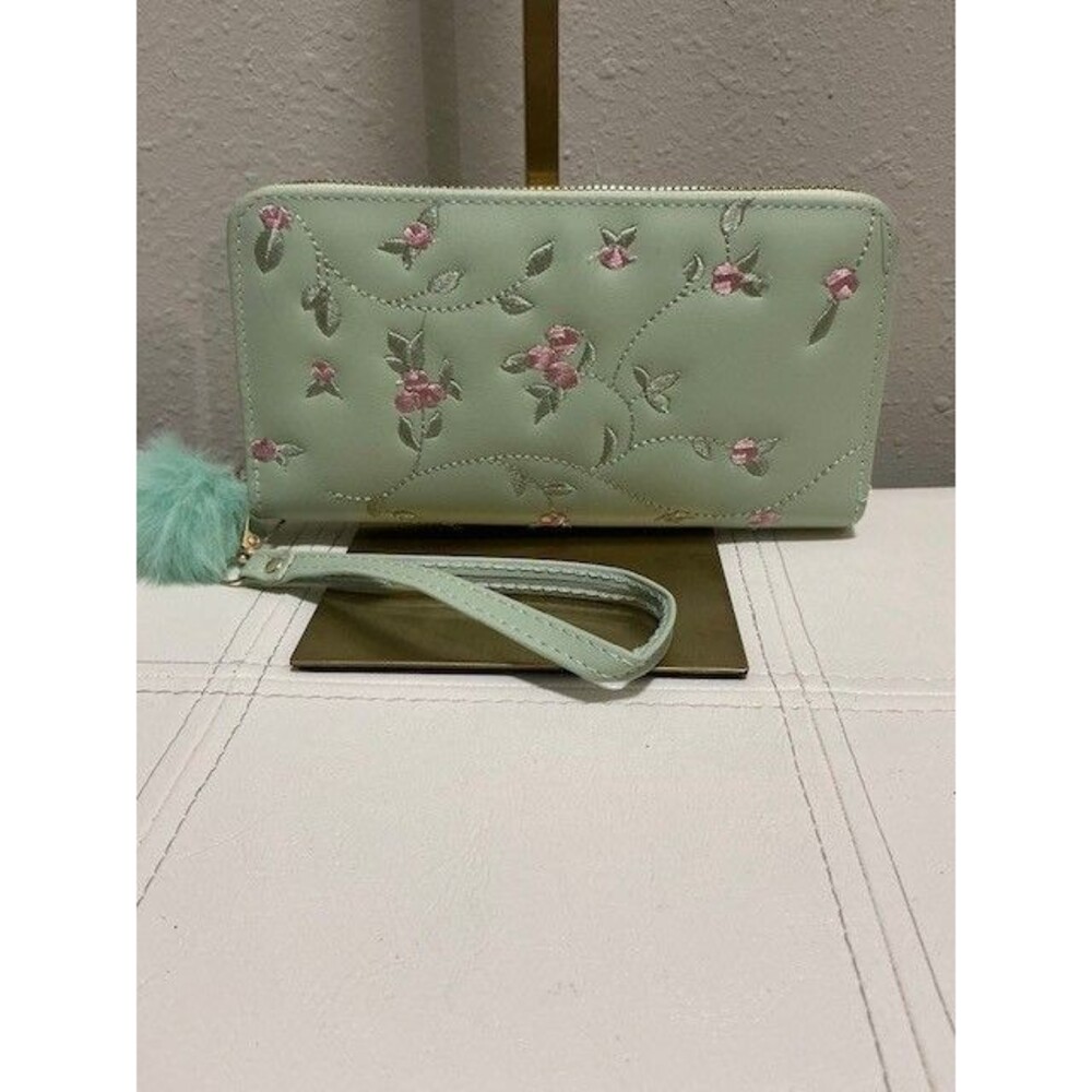 Light Green Leather Wallet with Pink Flowers Long Wallet/Wristlet and Fur Charm